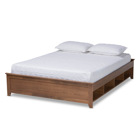 BAXTON STUDIO Anders Walnut Wood Queen Size Platform Bed with Built-In Shelves 164-10672